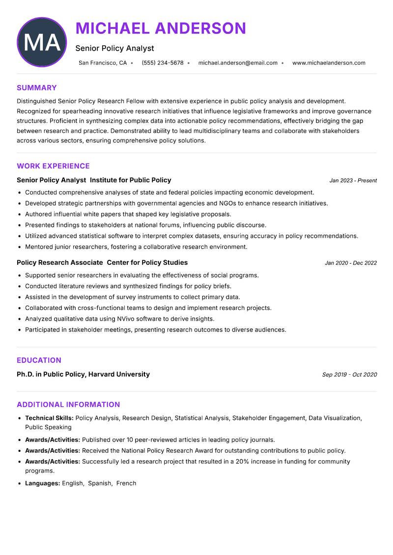 Senior Policy Research Fellow Resume Preview Example