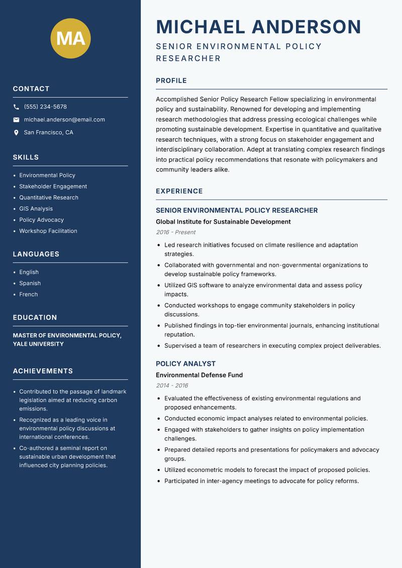 Senior Policy Research Fellow Resume Preview Example