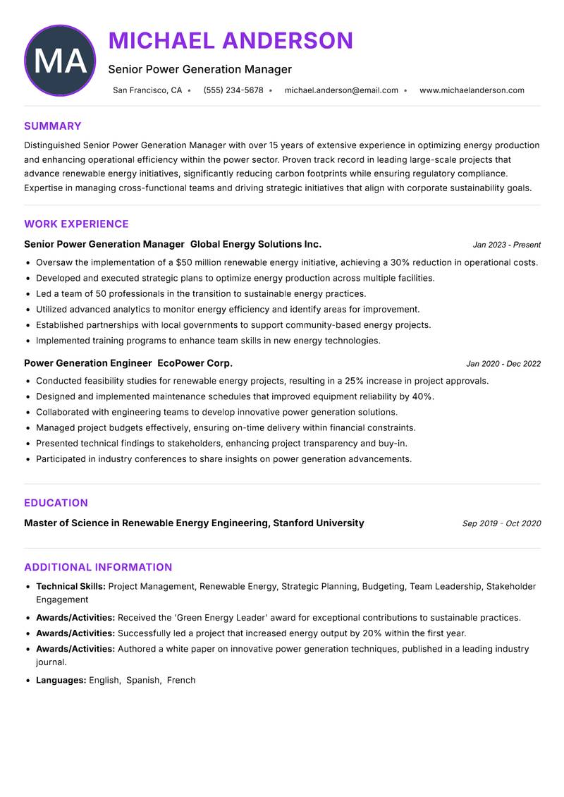 Senior Power Generation Manager Resume Preview Example