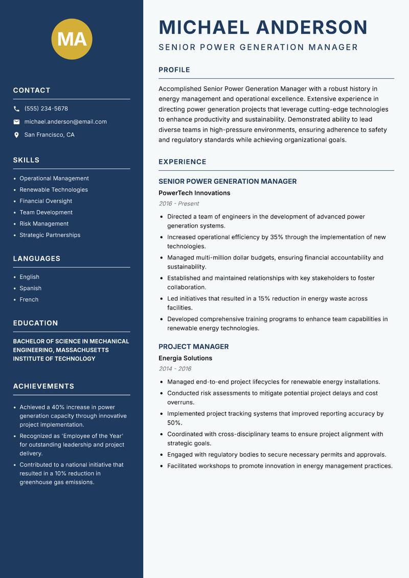 Senior Power Generation Manager Resume Preview Example