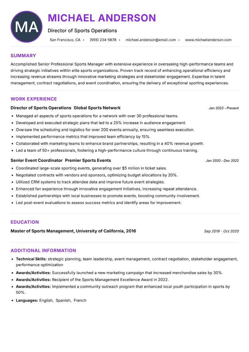 Senior Professional Sports Manager Resume Preview Example
