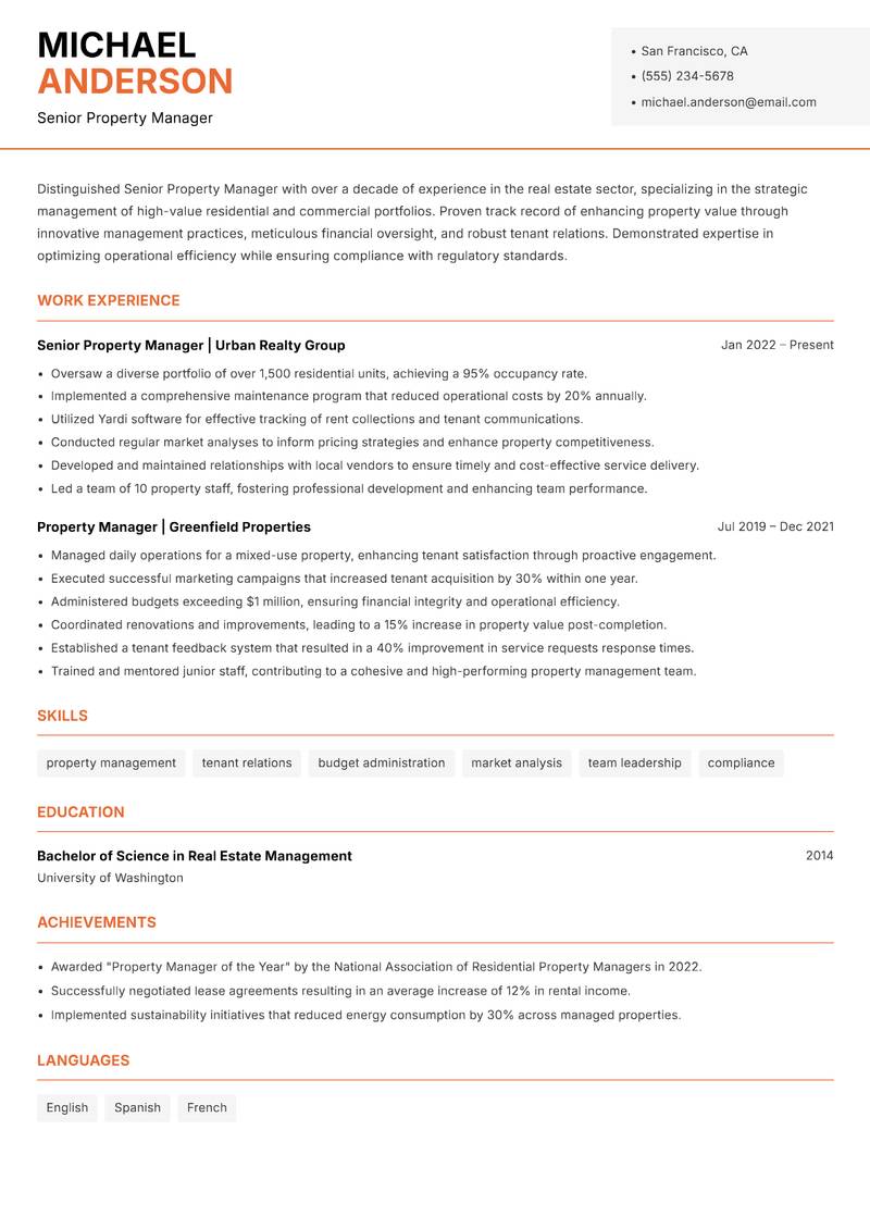 Senior Property Manager Resume Template