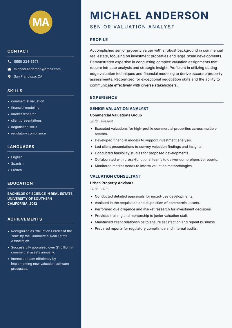 Senior Property Valuer Resume Preview Example