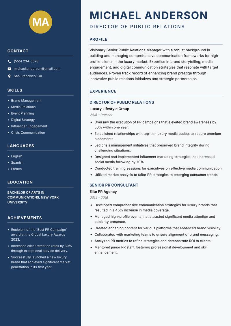 Senior Public Relations Manager Resume Preview Example