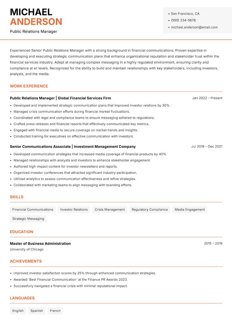Senior Public Relations Manager Resume Template