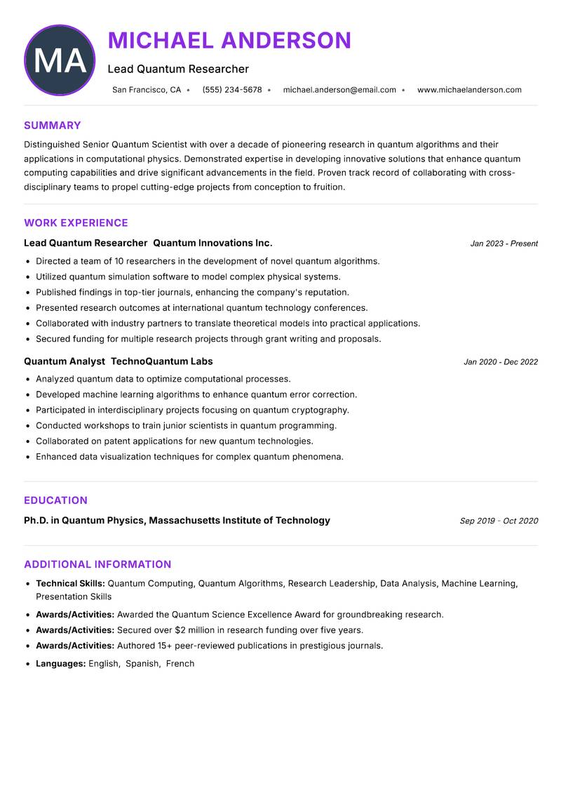 Senior Quantum Scientist Resume Preview Example