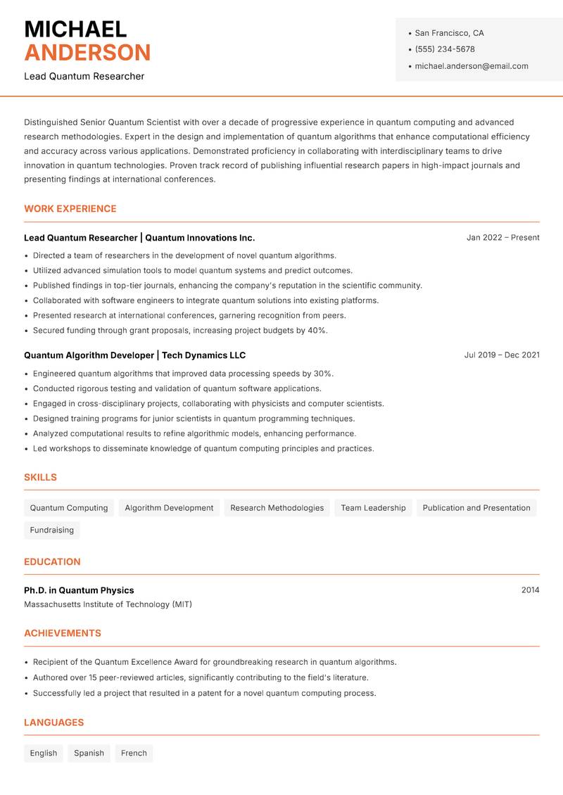 Senior Quantum Scientist Resume Template
