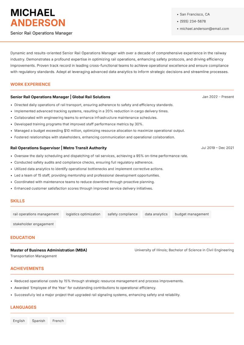 Senior Rail Operations Manager Resume Template