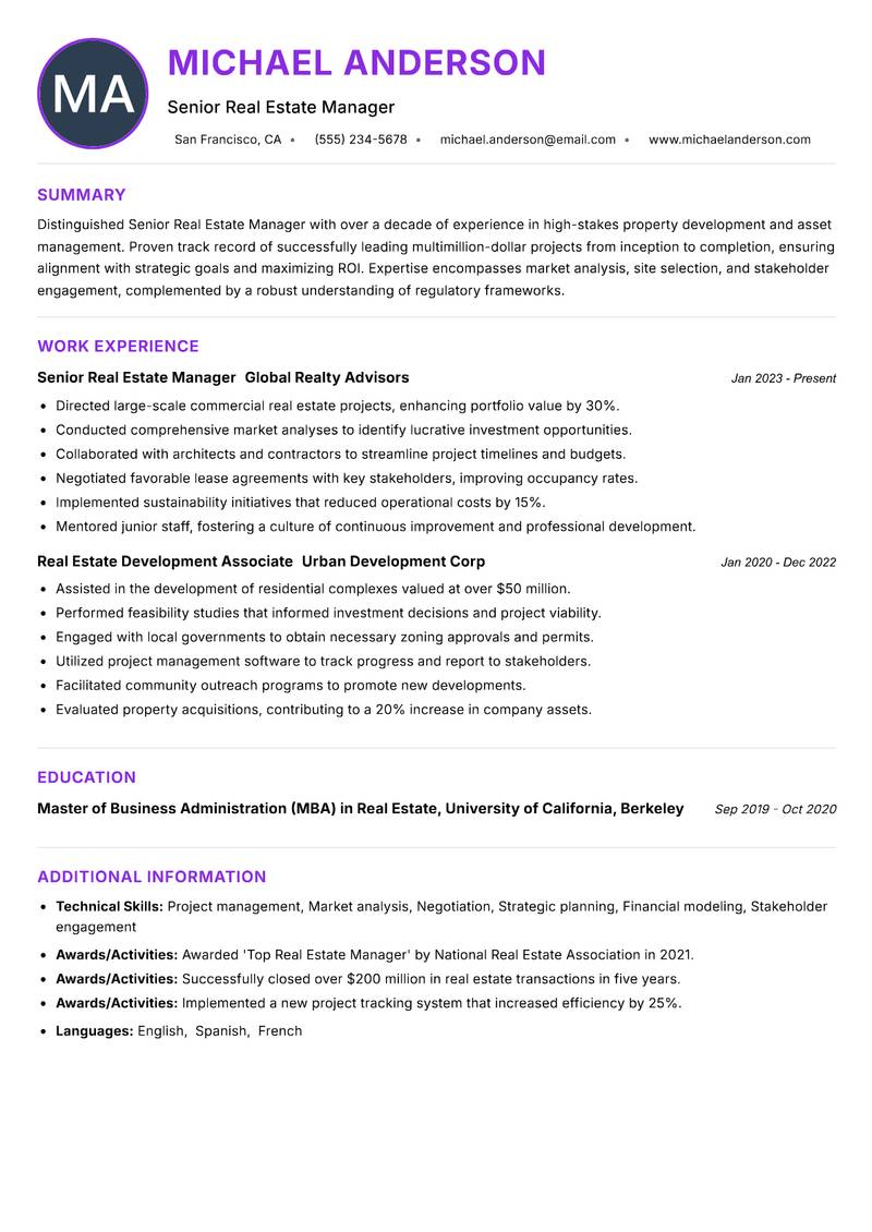 Senior Real Estate Manager Resume Preview Example