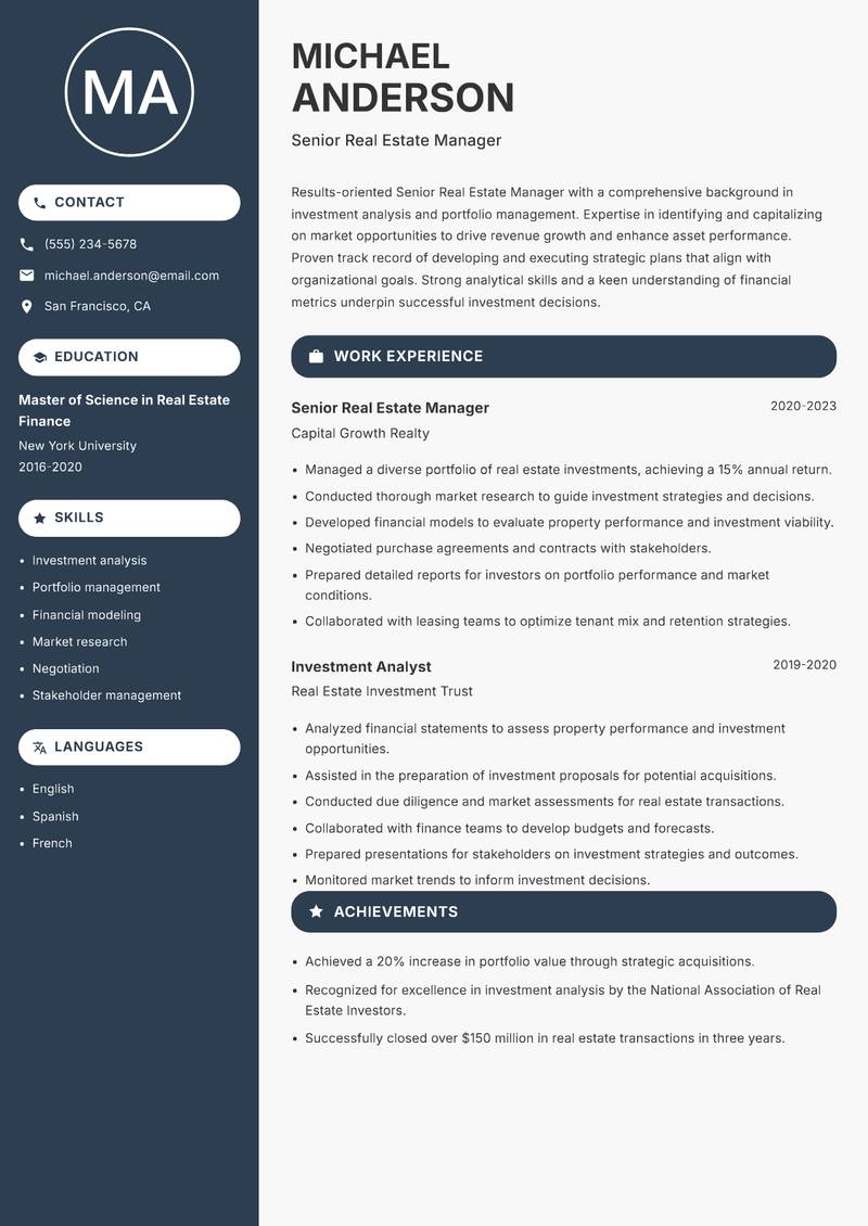 Senior Real Estate Manager Resume Preview Example