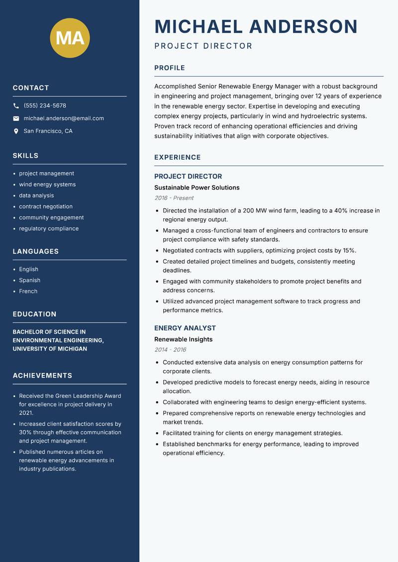 Senior Renewable Energy Manager Resume Preview Example