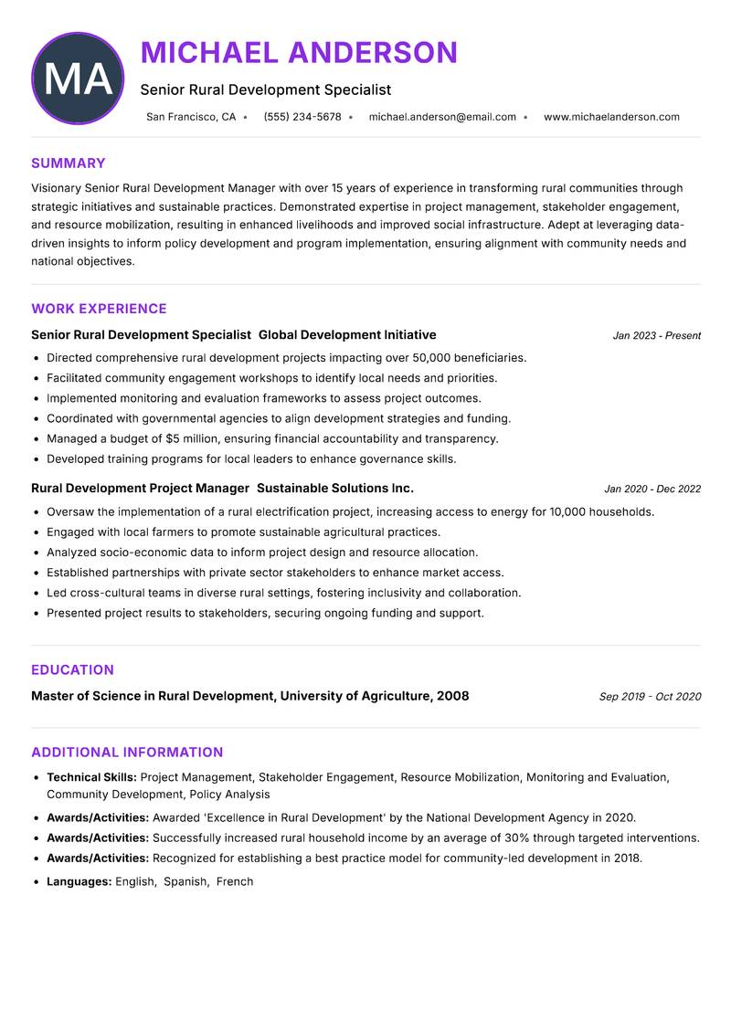 Senior Rural Development Manager Resume Preview Example