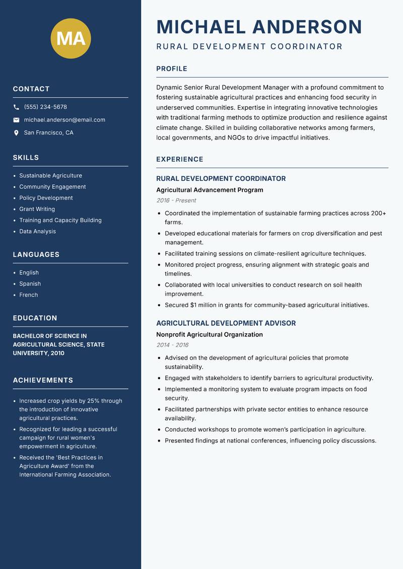 Senior Rural Development Manager Resume Preview Example