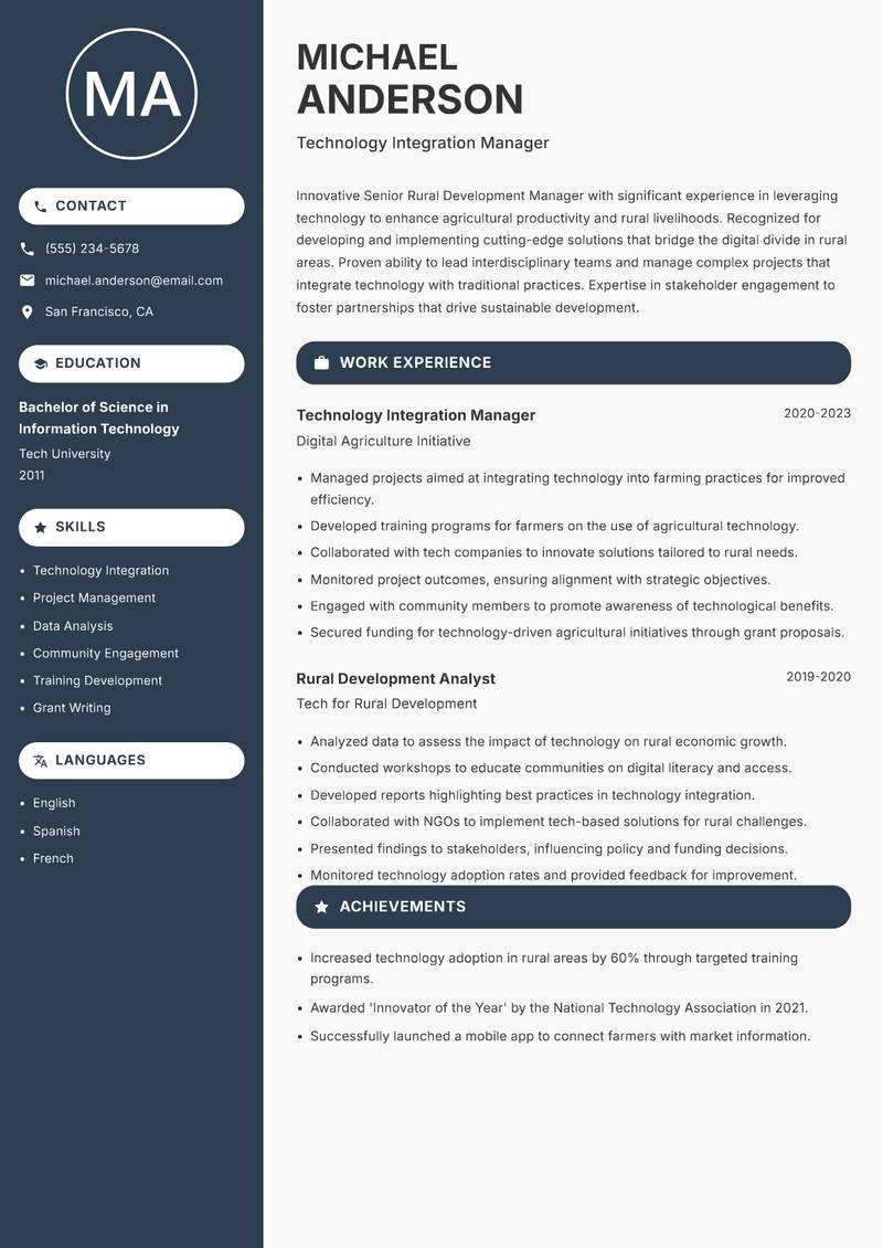 Senior Rural Development Manager Resume Preview Example