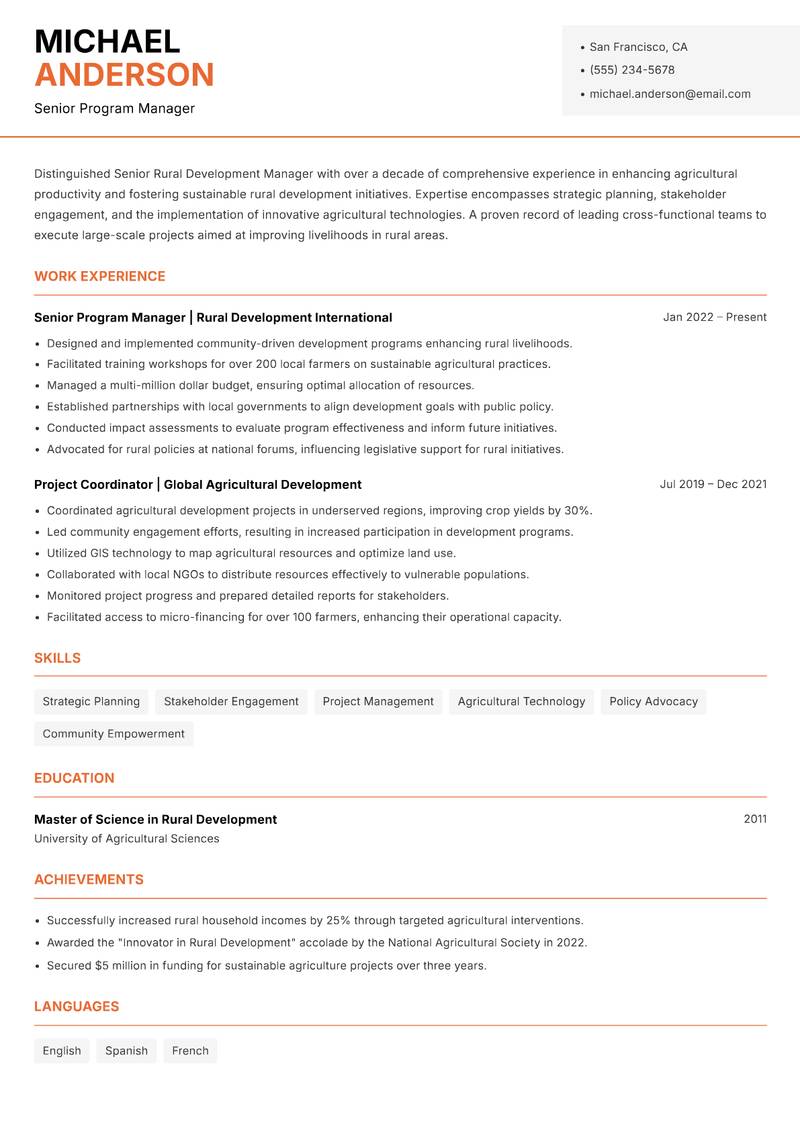 Senior Rural Development Manager Resume Template