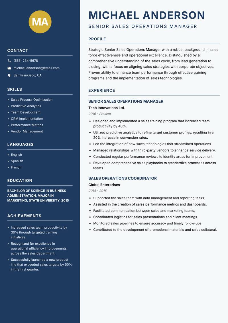 Senior Sales Operations Manager Resume Preview Example
