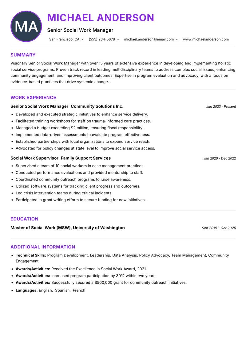 Senior Social Work Manager Resume Preview Example