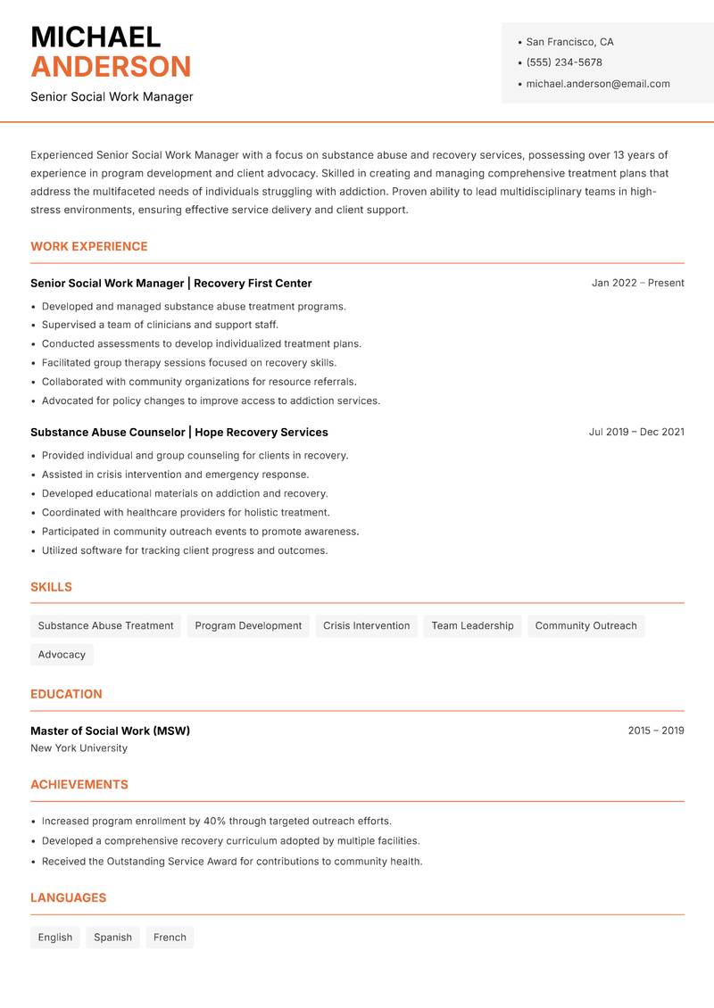 Senior Social Work Manager Resume Template