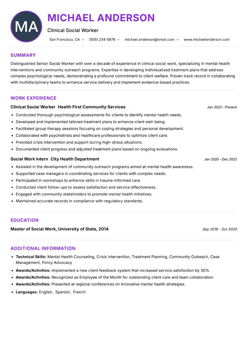 Senior Social Worker Resume Preview Example