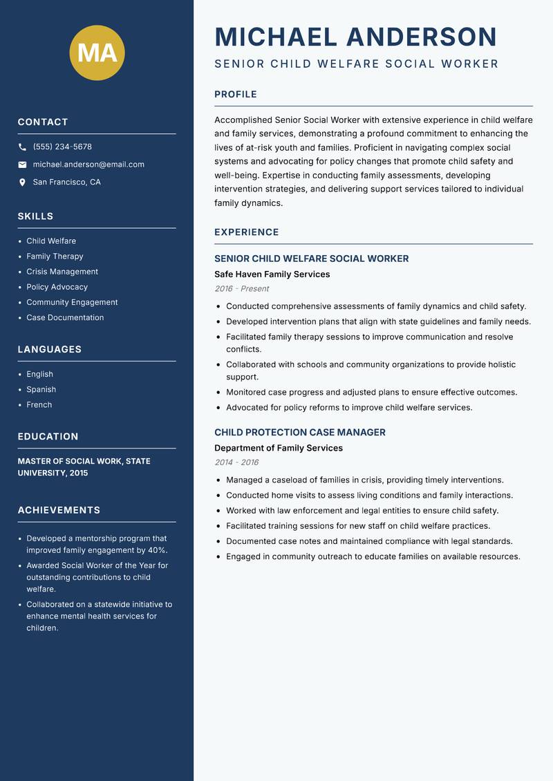 Senior Social Worker Resume Preview Example