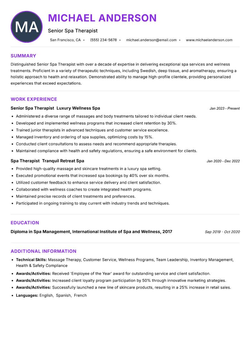 Senior Spa Therapist Resume Preview Example