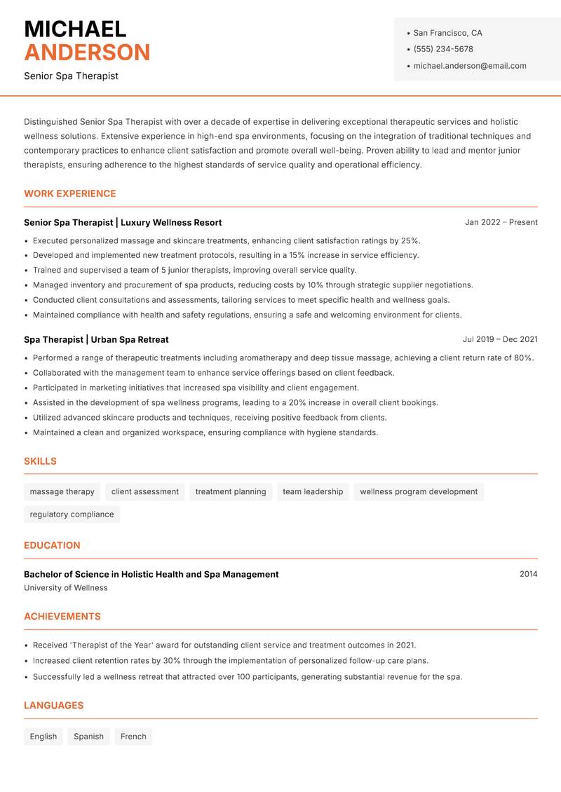 Senior Spa Therapist Resume Template
