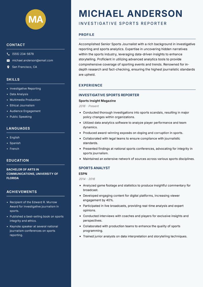 Senior Sports Journalist Resume Preview Example