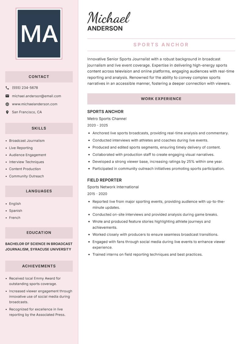 Senior Sports Journalist Resume Preview Example