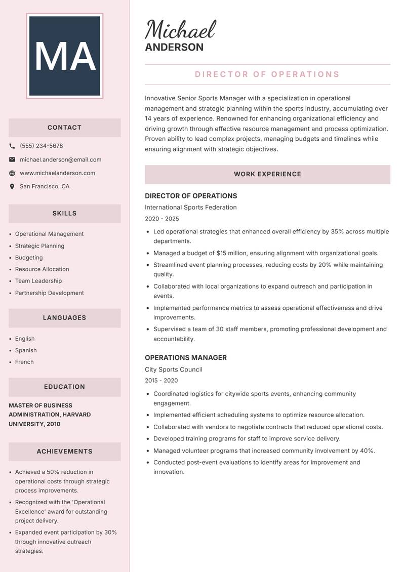 Senior Sports Manager Resume Preview Example