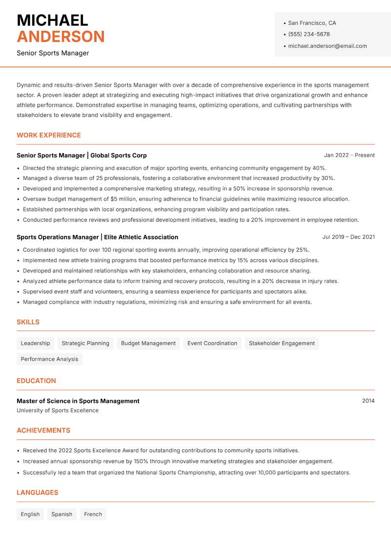 Senior Sports Manager Resume Template