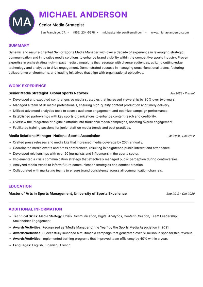 Senior Sports Media Manager Resume Preview Example