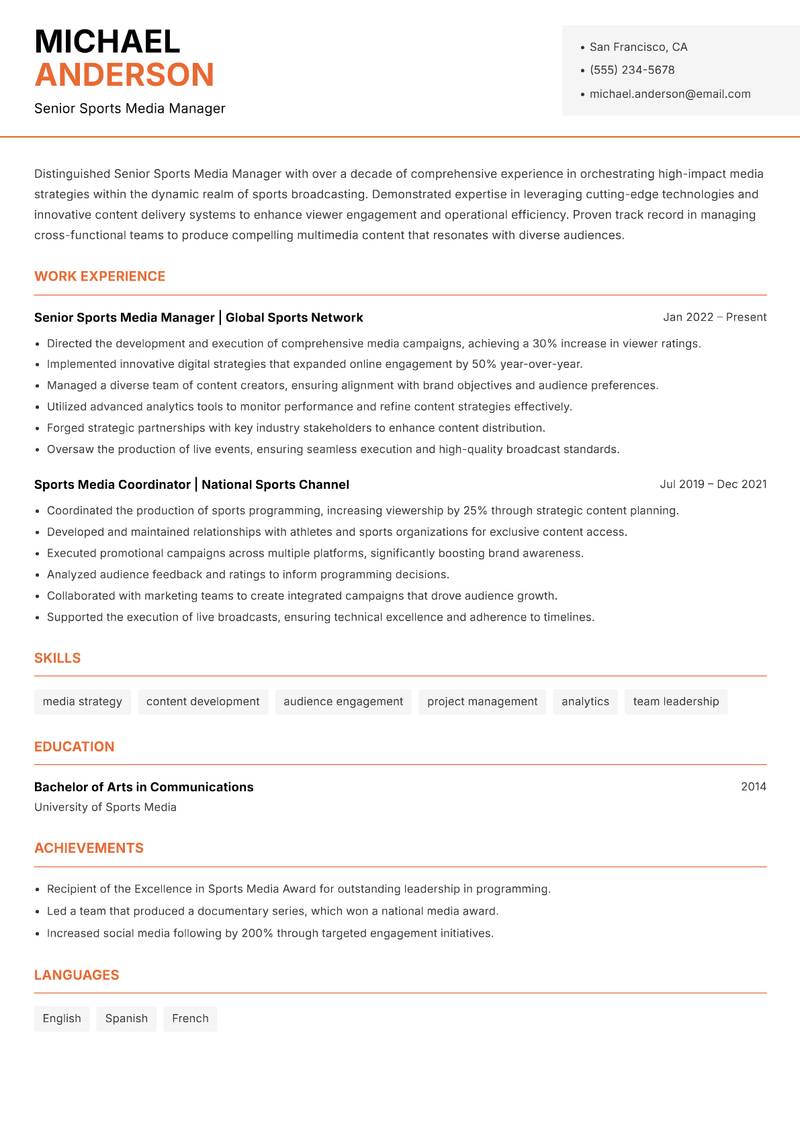 Senior Sports Media Manager Resume Template