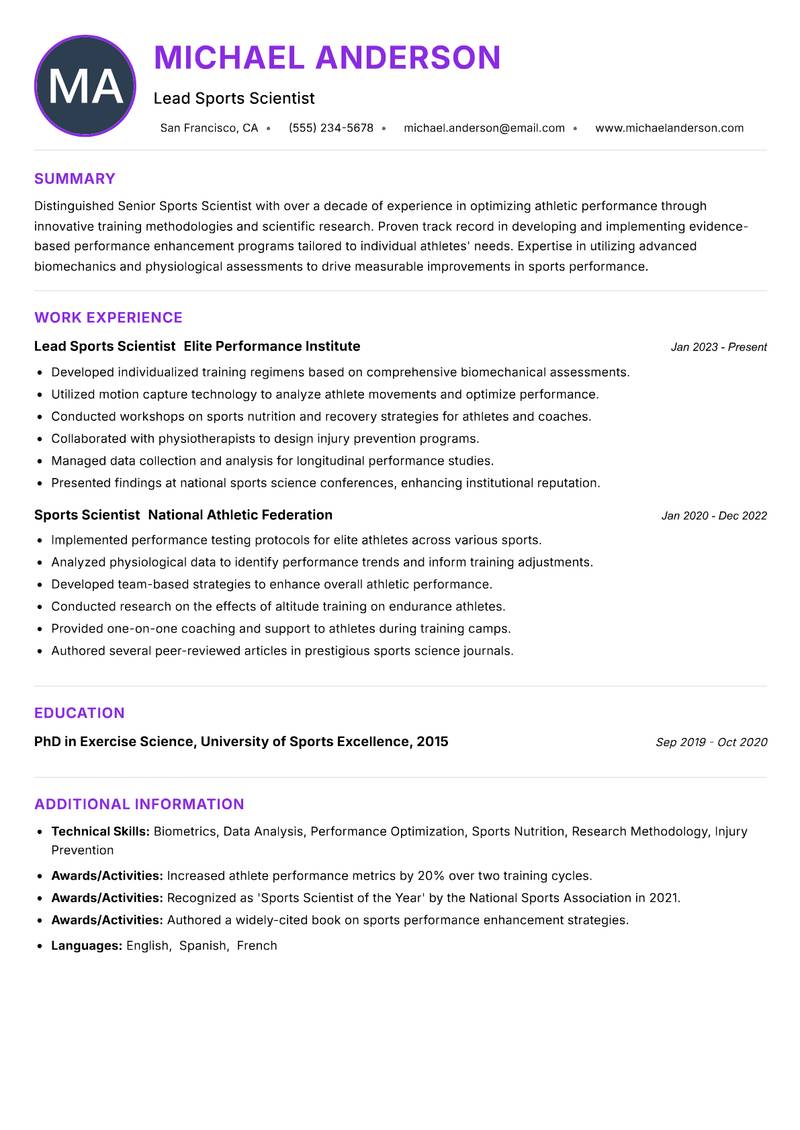 Senior Sports Scientist Resume Preview Example