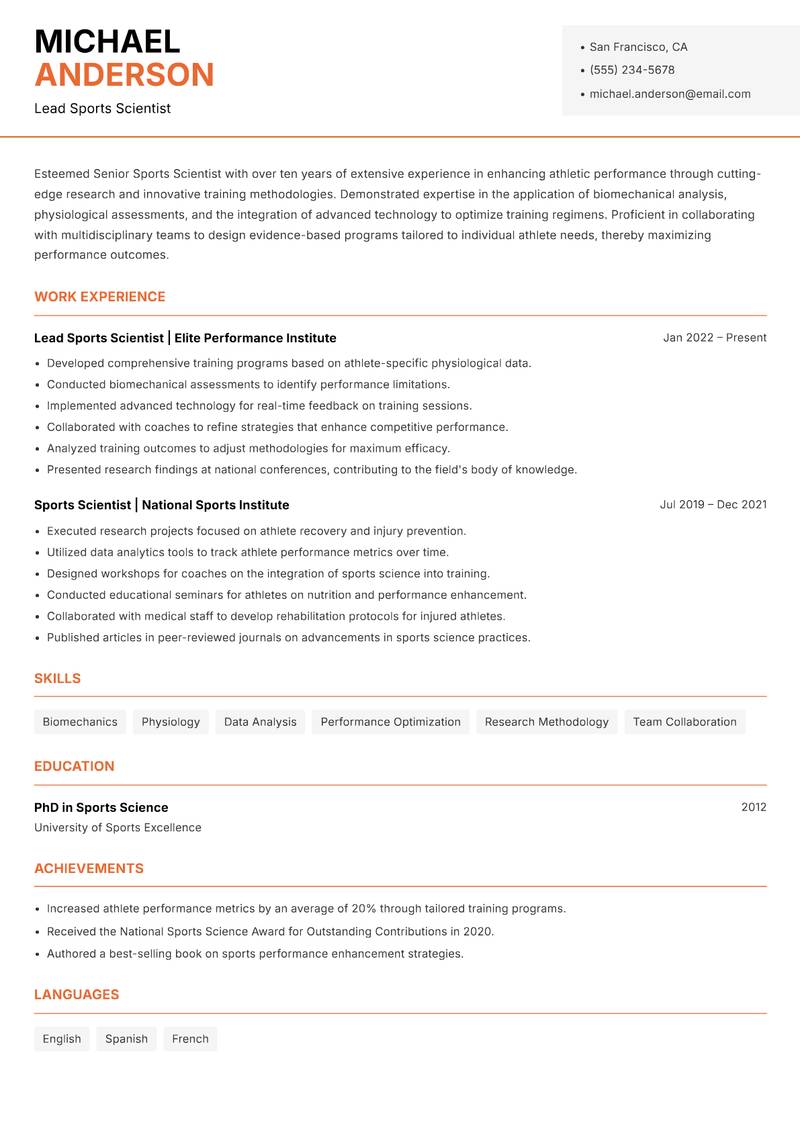 Senior Sports Scientist Resume Template