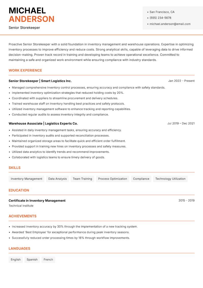 Senior Storekeeper Resume Template