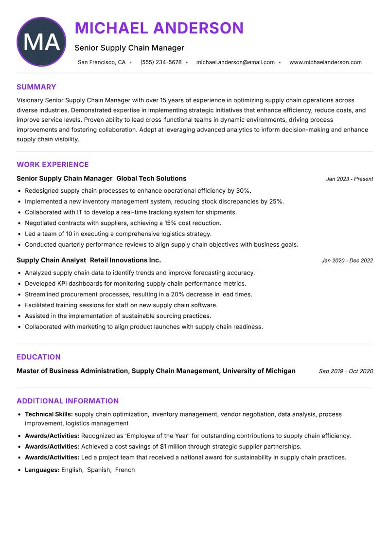 Senior Supply Chain Manager Resume Preview Example