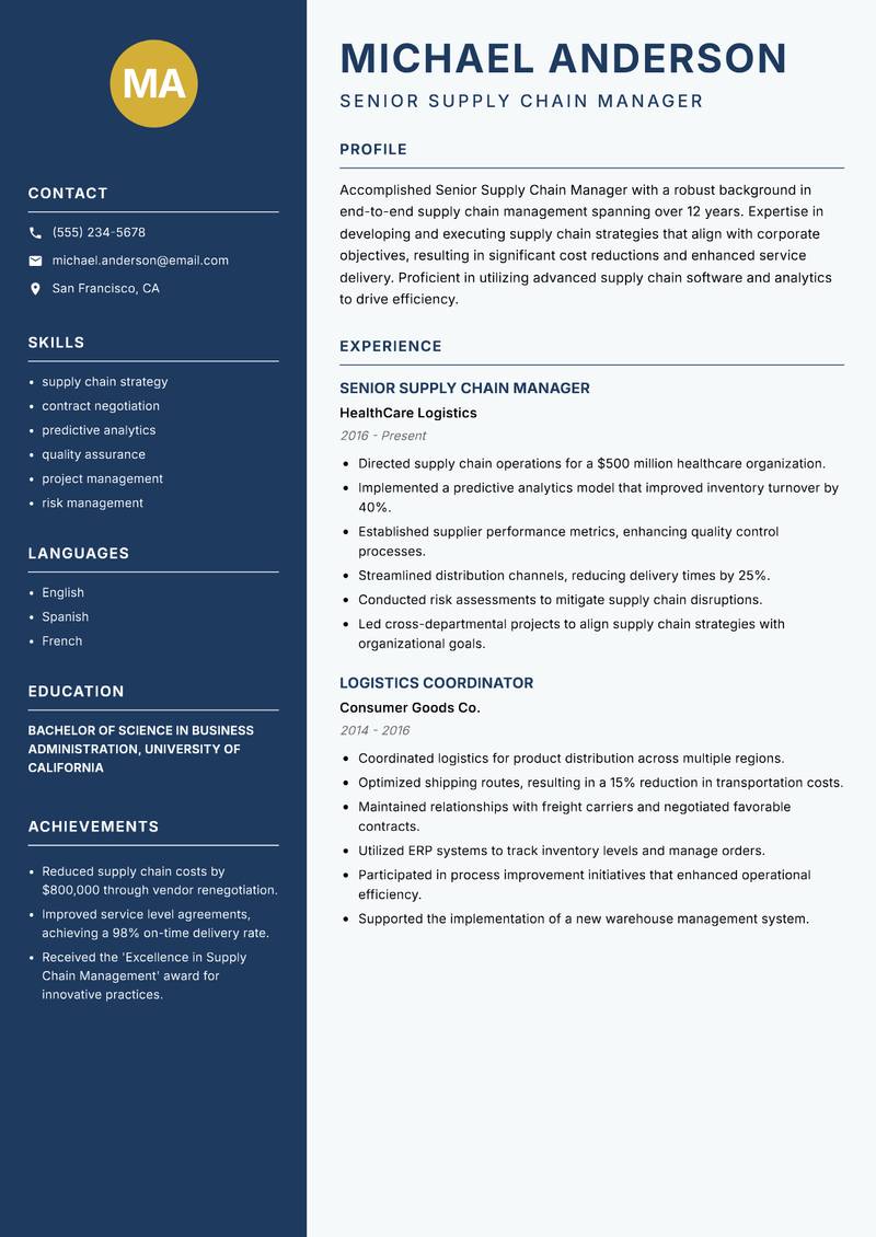Senior Supply Chain Manager Resume Preview Example