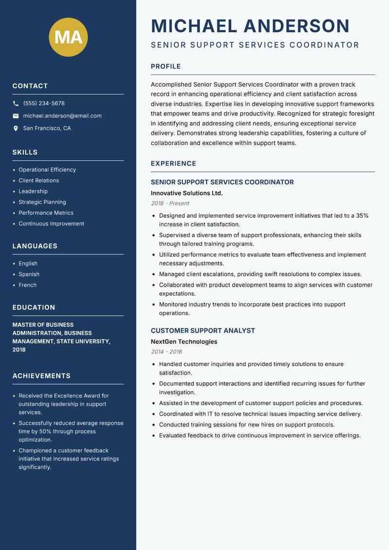 Senior Support Services Coordinator Resume Preview Example
