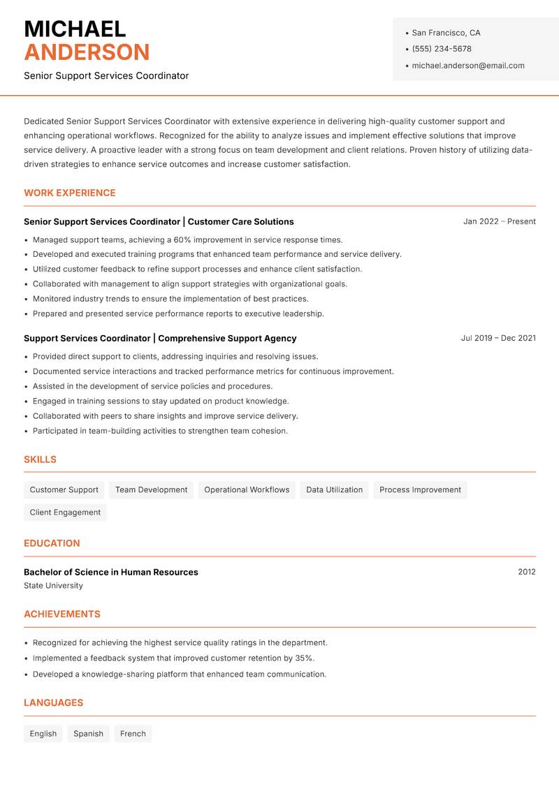 Senior Support Services Coordinator Resume Template