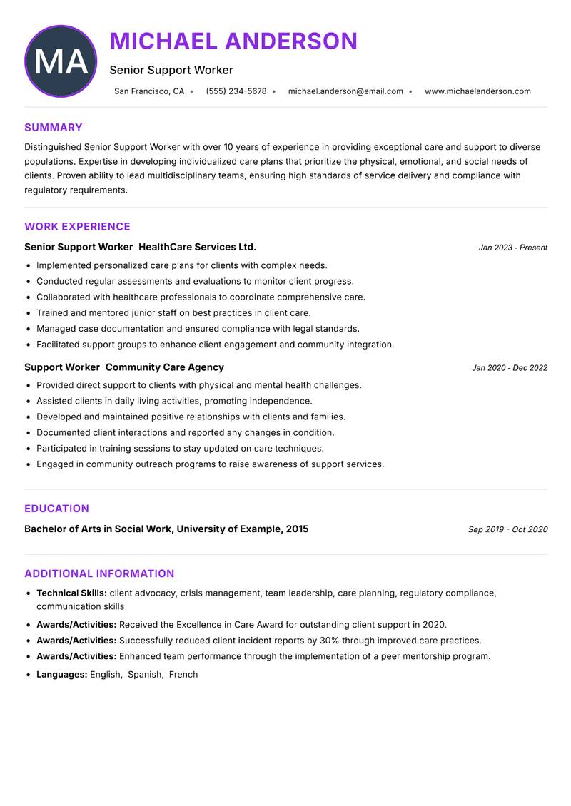 Senior Support Worker Resume Preview Example