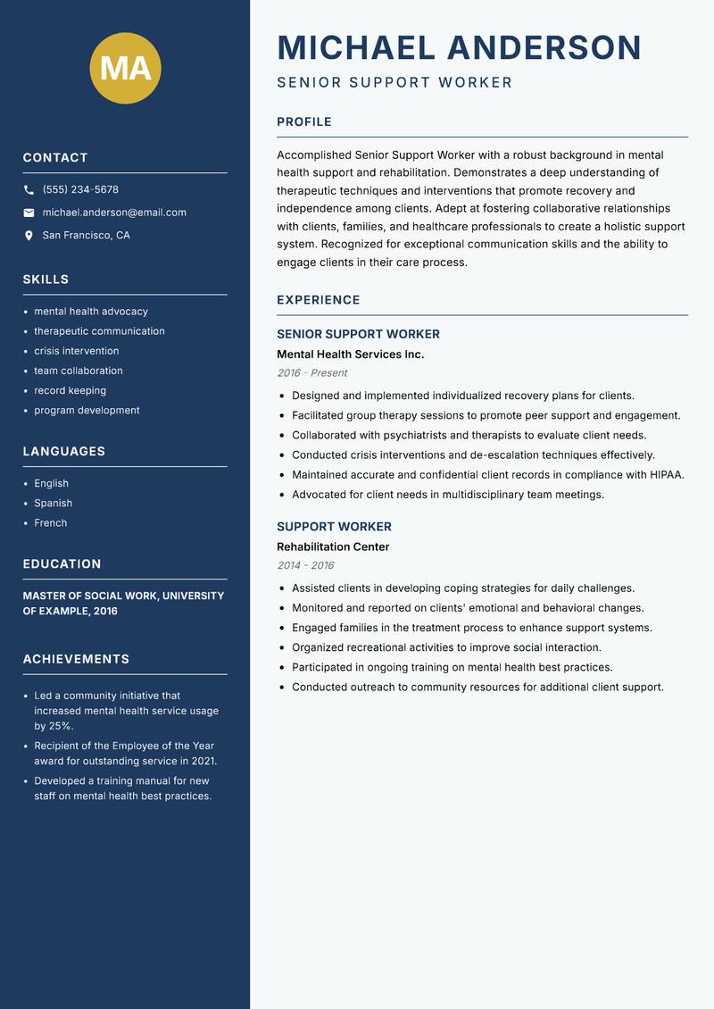 Senior Support Worker Resume Preview Example