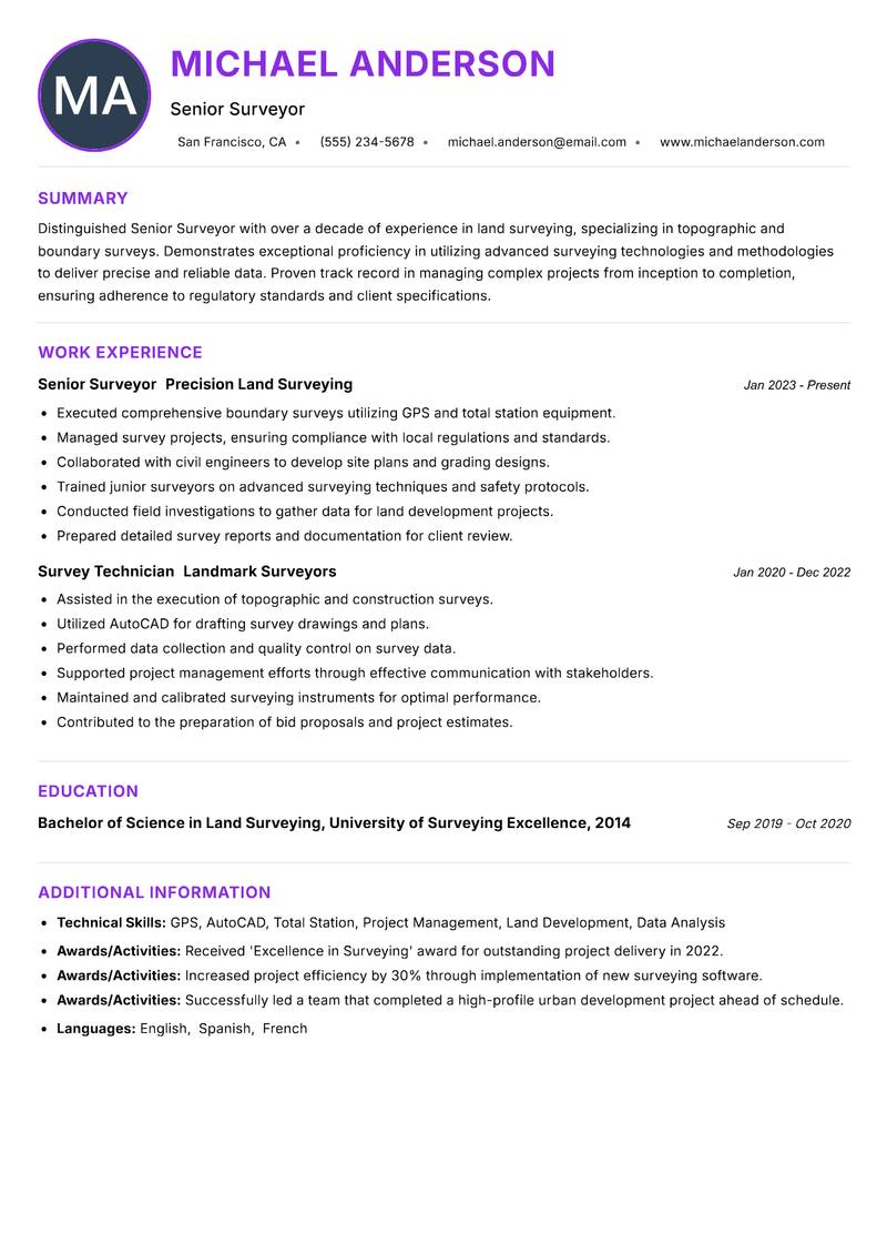 Senior Surveyor Resume Preview Example