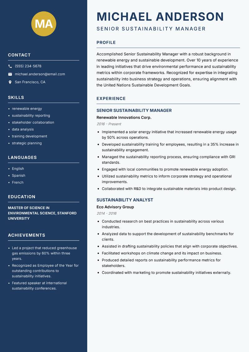 Senior Sustainability Manager Resume Preview Example