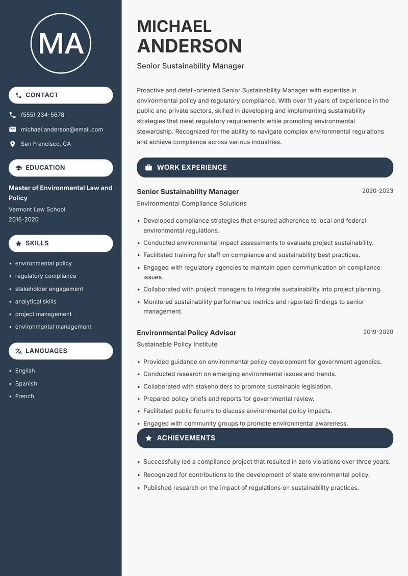 Senior Sustainability Manager Resume Preview Example