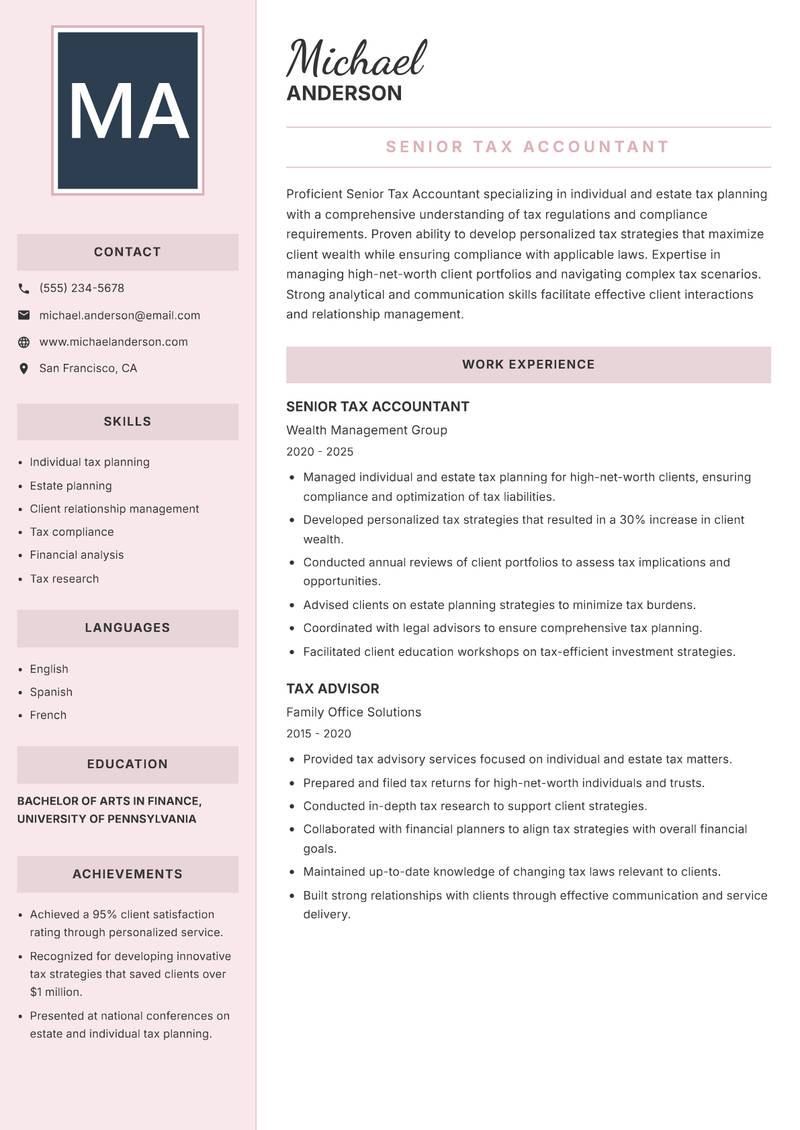 Senior Tax Accountant Resume Preview Example