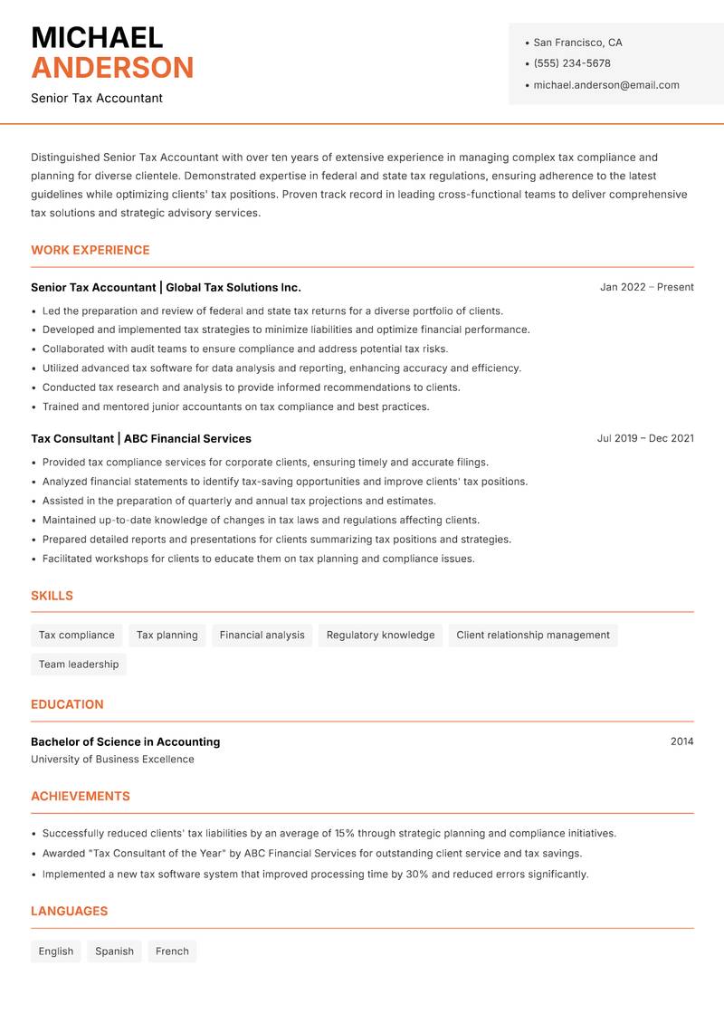 Senior Tax Accountant Resume Template