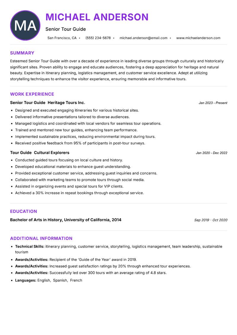Senior Tour Guide Resume Preview Example