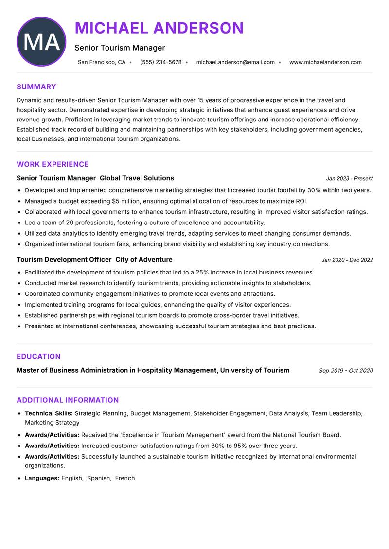Senior Tourism Manager Resume Preview Example