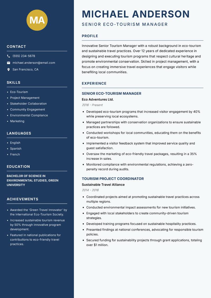 Senior Tourism Manager Resume Preview Example