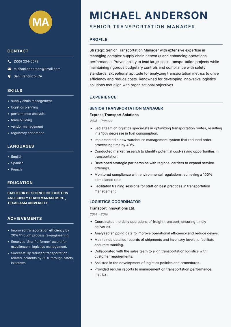 Senior Transportation Manager Resume Preview Example
